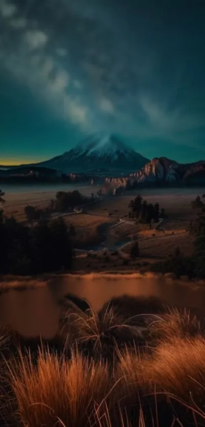 Ethereal mountain landscape at night with lush forestry and a distant peak.