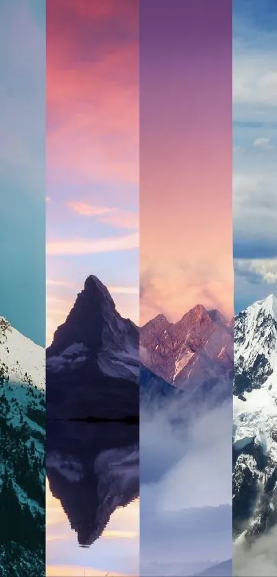 Vibrant four-panel mountain landscape phone wallpaper with diverse scenic views.