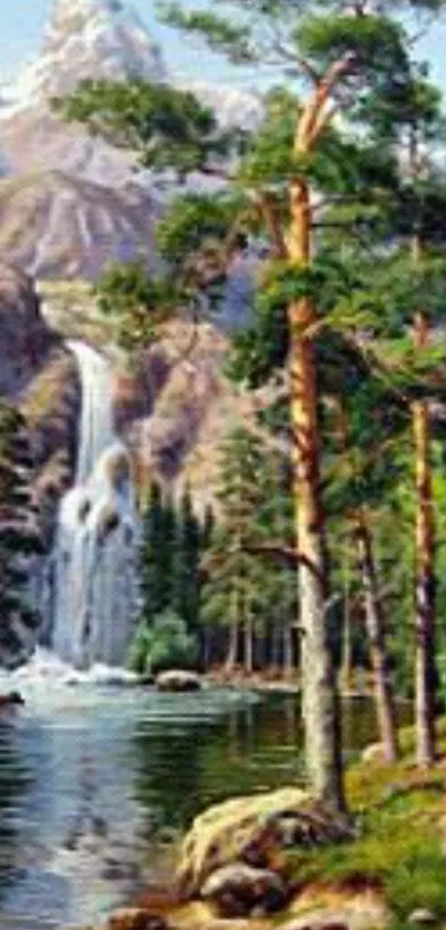 Mountain landscape with waterfall and trees in vibrant detail.