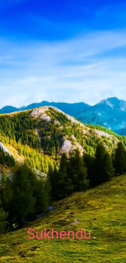 Vivid mountain landscape with green hills and blue sky.