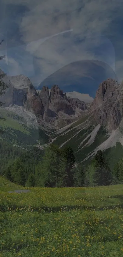 Mountain landscape with trees and peaks in a green valley wallpaper.