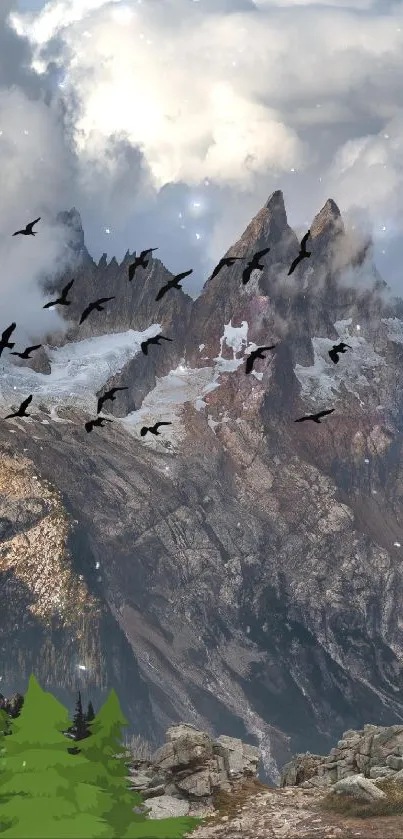 Majestic mountain peaks with clouds and birds.