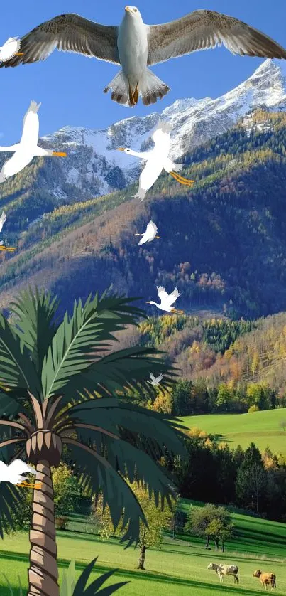 A picturesque mountain landscape with birds soaring above lush greenery.