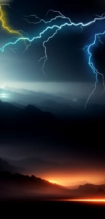 Dramatic nightscape with lightning over dark mountains.