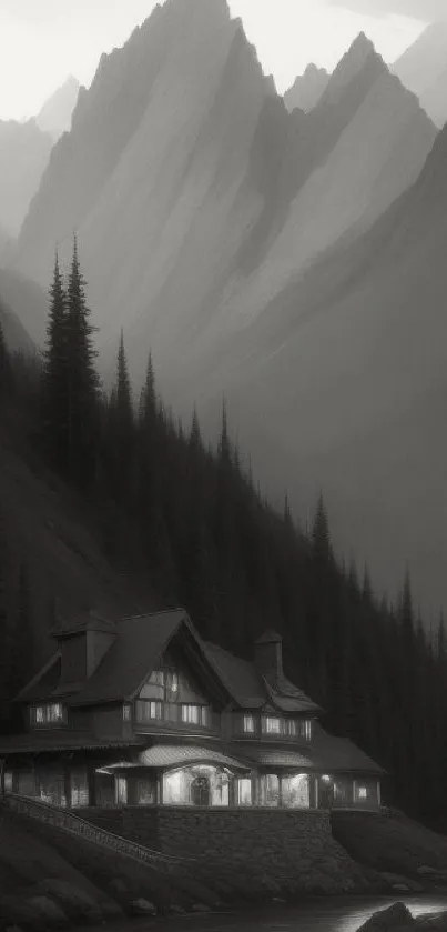 A mountain lodge nestled in misty gray mountains under a serene sky.