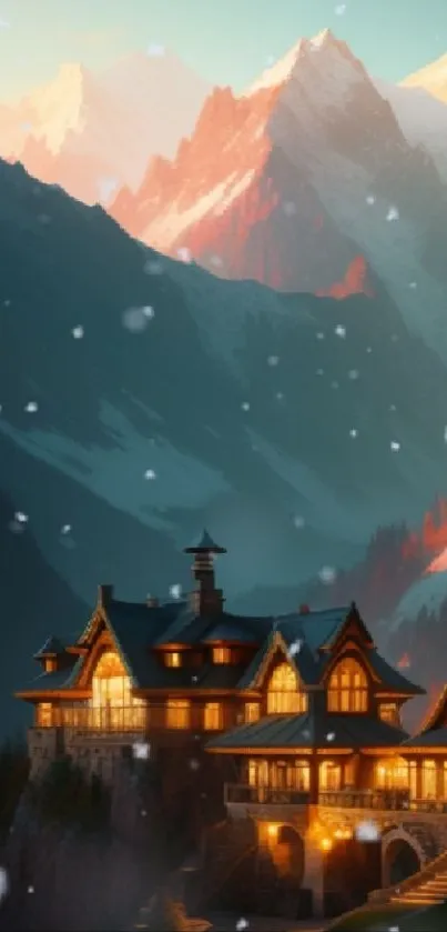 Cozy mountain lodge with glowing lights amidst snow-covered peaks.