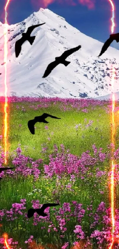 Serene landscape with mountains, meadow, and birds flying.