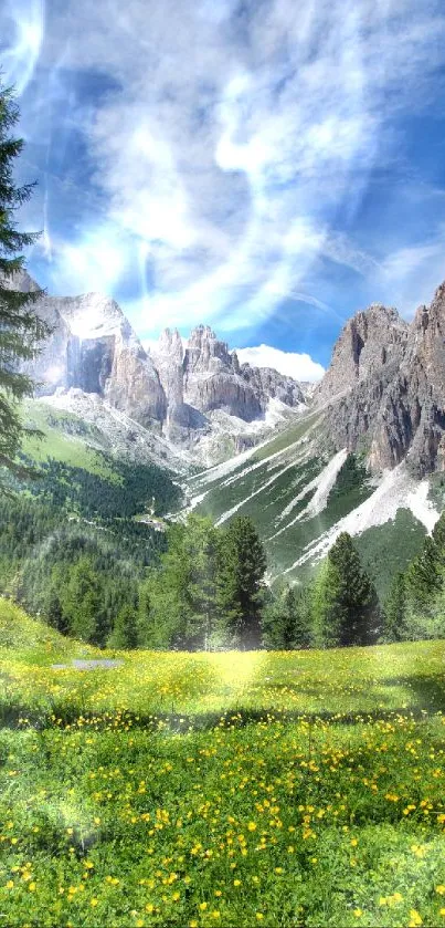 Serene mountain meadow with blue sky and vibrant scenery in a summer landscape.