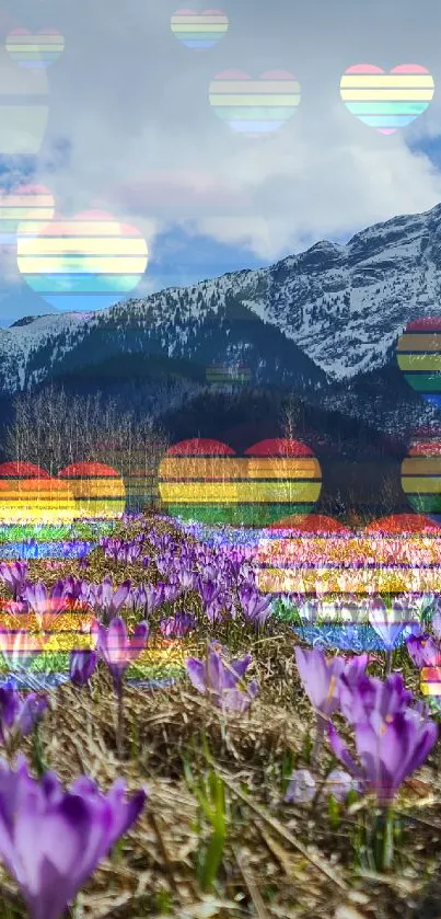 Purple flowers in foreground with snow-capped mountains under cloudy sky.