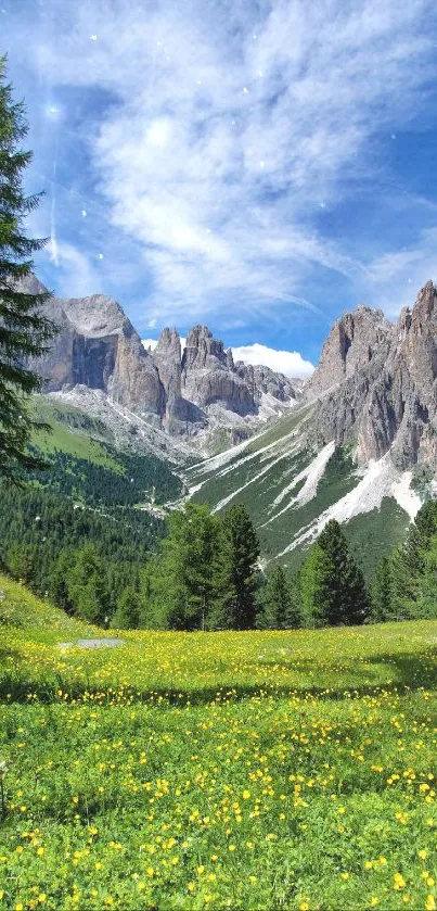 Mountain meadow with blue sky and distant peaks, perfect for a serene mobile wallpaper.