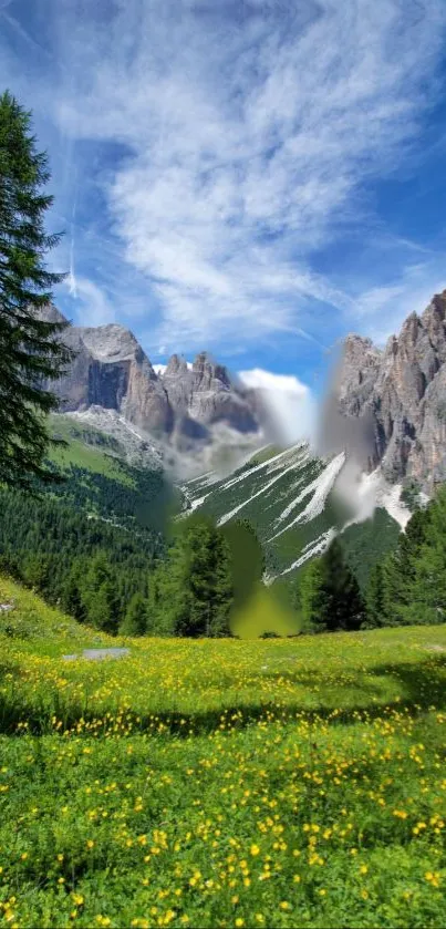 Majestic mountains with green meadow under a vibrant blue sky.