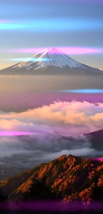 Snow-capped mountain above clouds at sunrise.