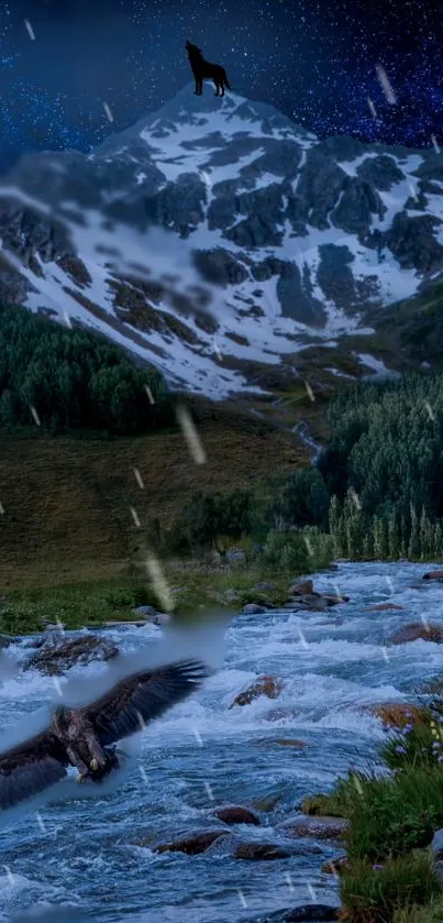 Mountain night landscape with river and moonlit sky.