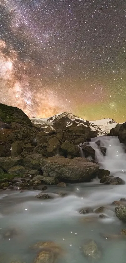 Starry mountain night with waterfall and Milky Way.