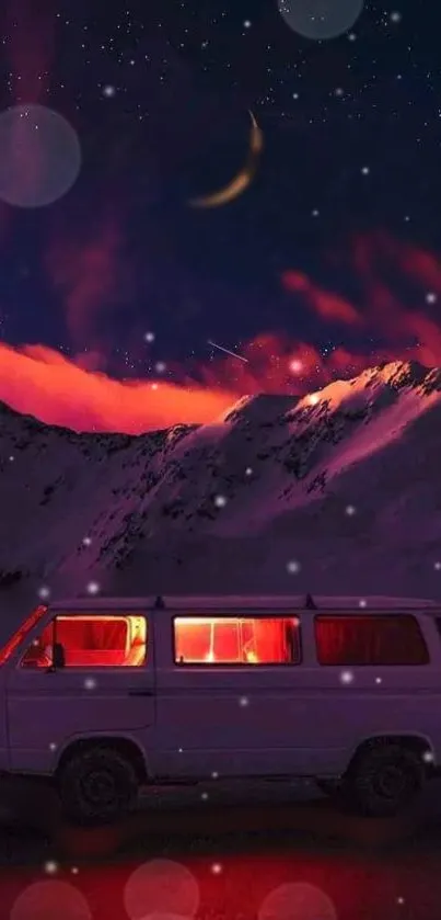 Van under starry night with mountains and glowing windows.