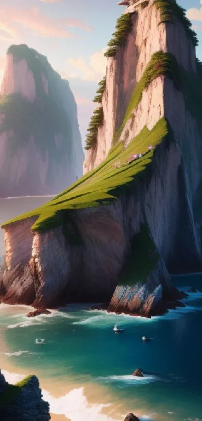 Majestic mountain against the ocean with lush greenery and cliffs.