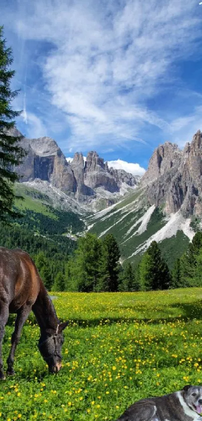 Horse and dog in a mountain meadow with clear sky.