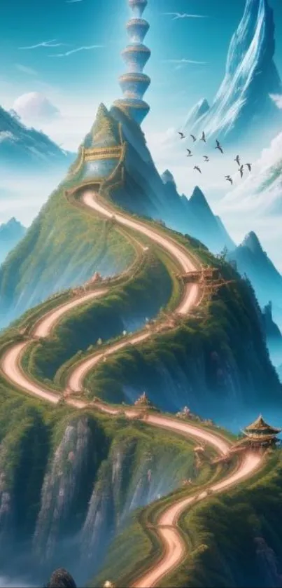 Fantasy wallpaper with a winding path on majestic mountains.