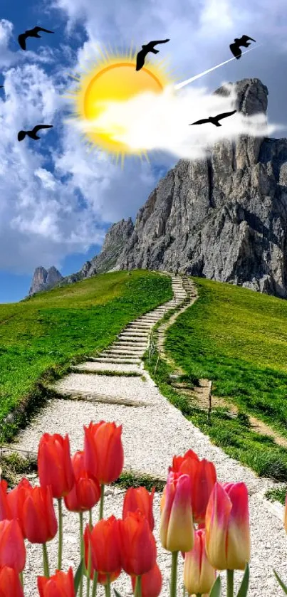 Vibrant mountain path with tulips under a sunny sky.