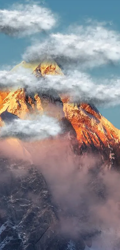 Snowy mountain peak glowing at sunrise with a clear blue sky.