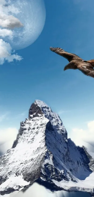 Eagle soaring over a snowy mountain under a clear blue sky.