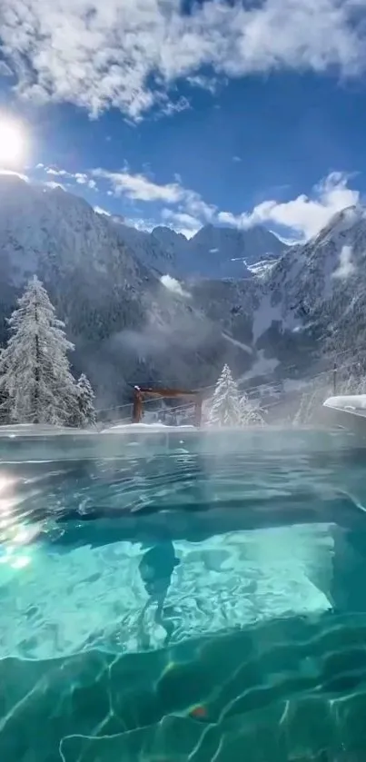 Heated pool overlooking snow-covered mountains under a bright blue sky.