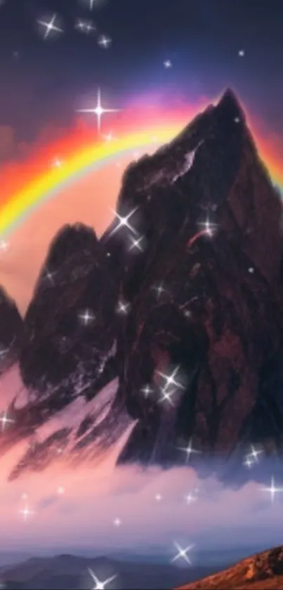 Fantasy mountain landscape with rainbow and twinkling stars.