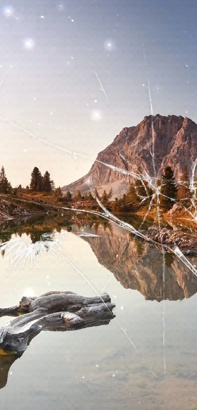 Mountain view with lake reflection and cracked overlay.