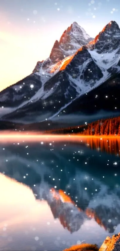 Serene snowy mountain reflected in a lake.