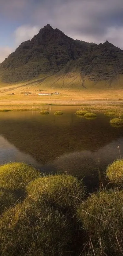 Serene mountain reflection with lush foreground grass.