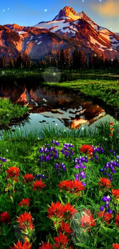 Mountain with vibrant flowers and lake reflection.