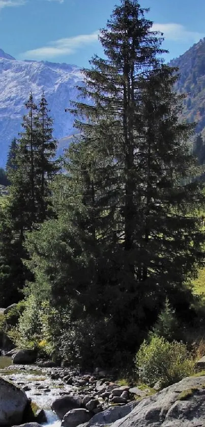 Mountain landscape with trees and cabin under clear sky.