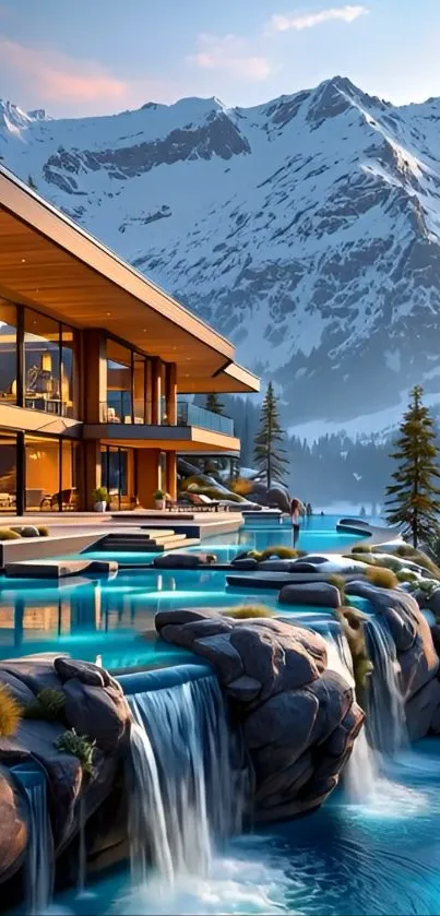 Luxury mountain home with waterfall pools at sunset.