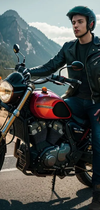 Motorcyclist on a red bike with mountains in the background, perfect for adventurous spirit.