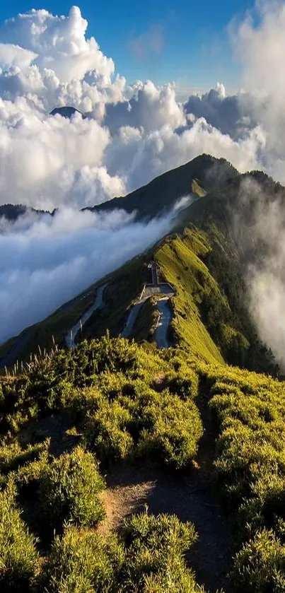 Lush mountain ridge with clouds in a vibrant mobile wallpaper.