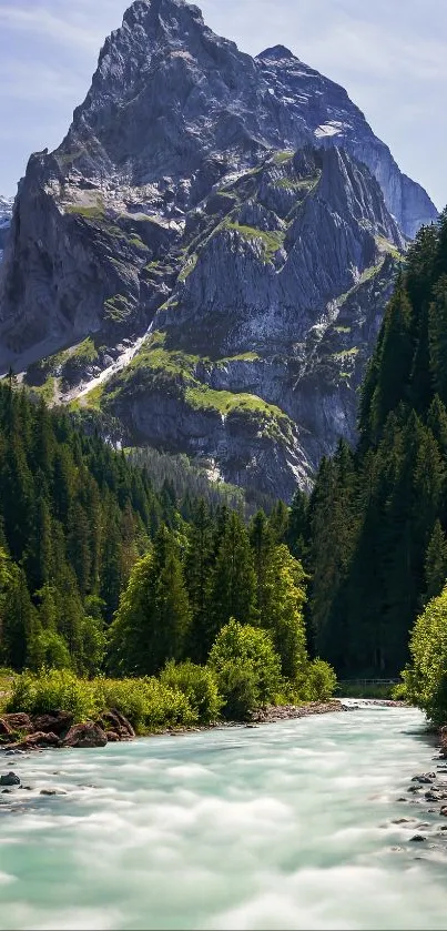 Scenic mountain river with lush forests under a clear blue sky.