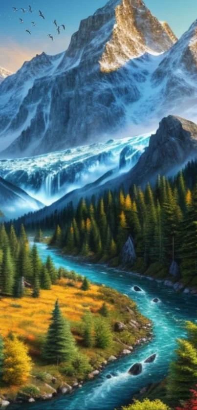 Vibrant mountain river scene with forest and snow-capped peaks, perfect for nature lovers.