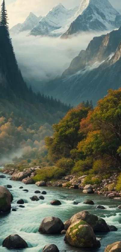 Majestic mountain river flowing through lush forest with snow-capped peaks.