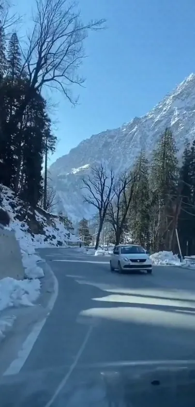 Scenic winter mountain road with snow-covered trees.