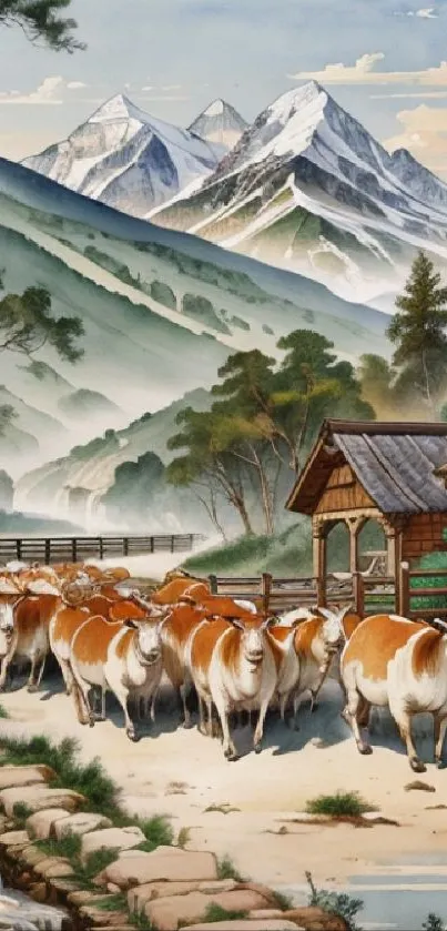 Mountain landscape with oxen herd and rustic house.