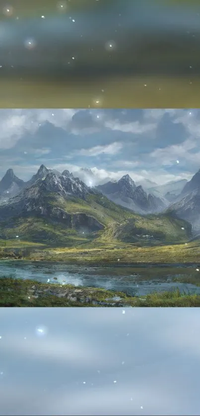Peaceful mountain landscape wallpaper with serene sky and tranquil ambiance.