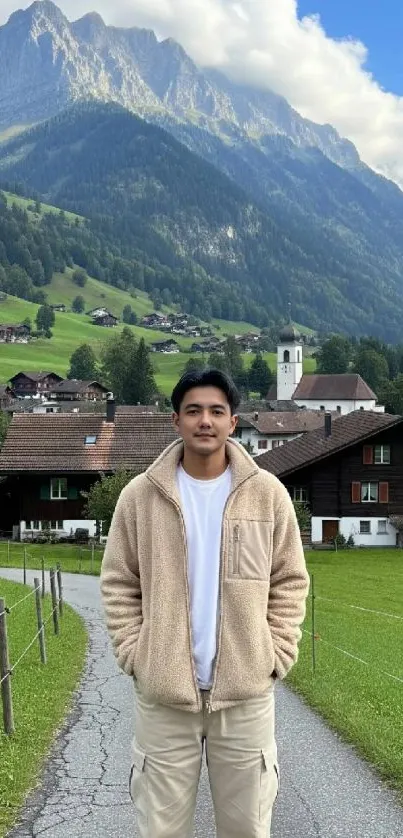 Man standing in lush mountain village scenery.