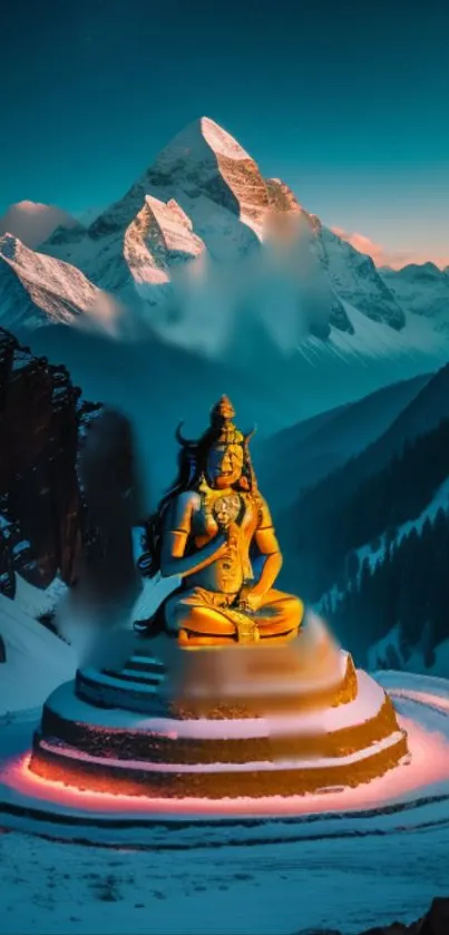 Statue in snowy mountain landscape with serene ambiance