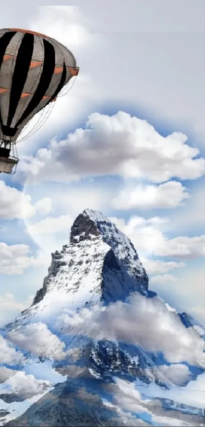 Hot air balloon over snow-capped mountain and clouds.