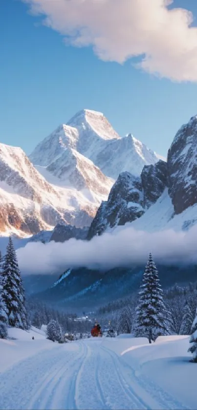 Snowy mountain landscape with clear blue sky.