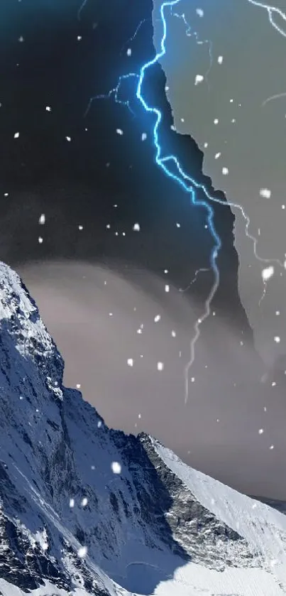 Snowy mountain landscape with lightning in stormy sky.