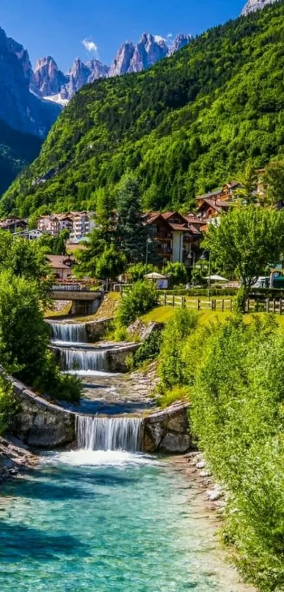 Serene mountain stream with vibrant green landscapes.