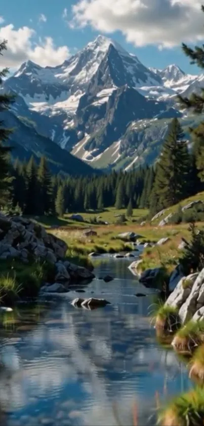 Serene mountain stream with lush greenery and snowy peaks.