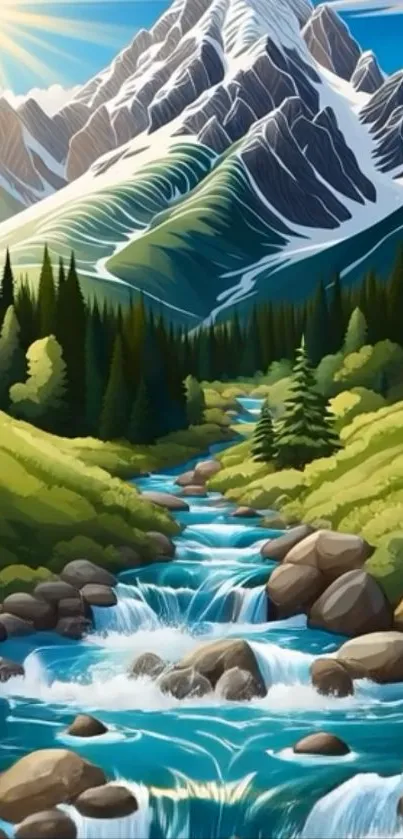 Illustrated mountain stream with lush greenery under the sun.