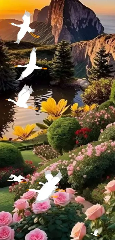Mountain sunrise with vibrant garden blooms and reflective pond.